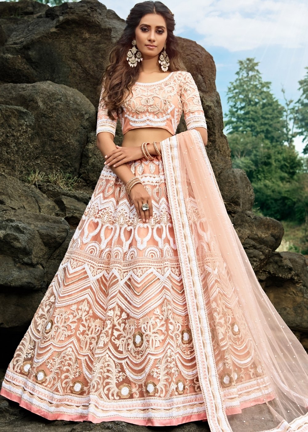 Peach Pink Designer Soft Net Lehenga Choli with Sequins, Thread ...