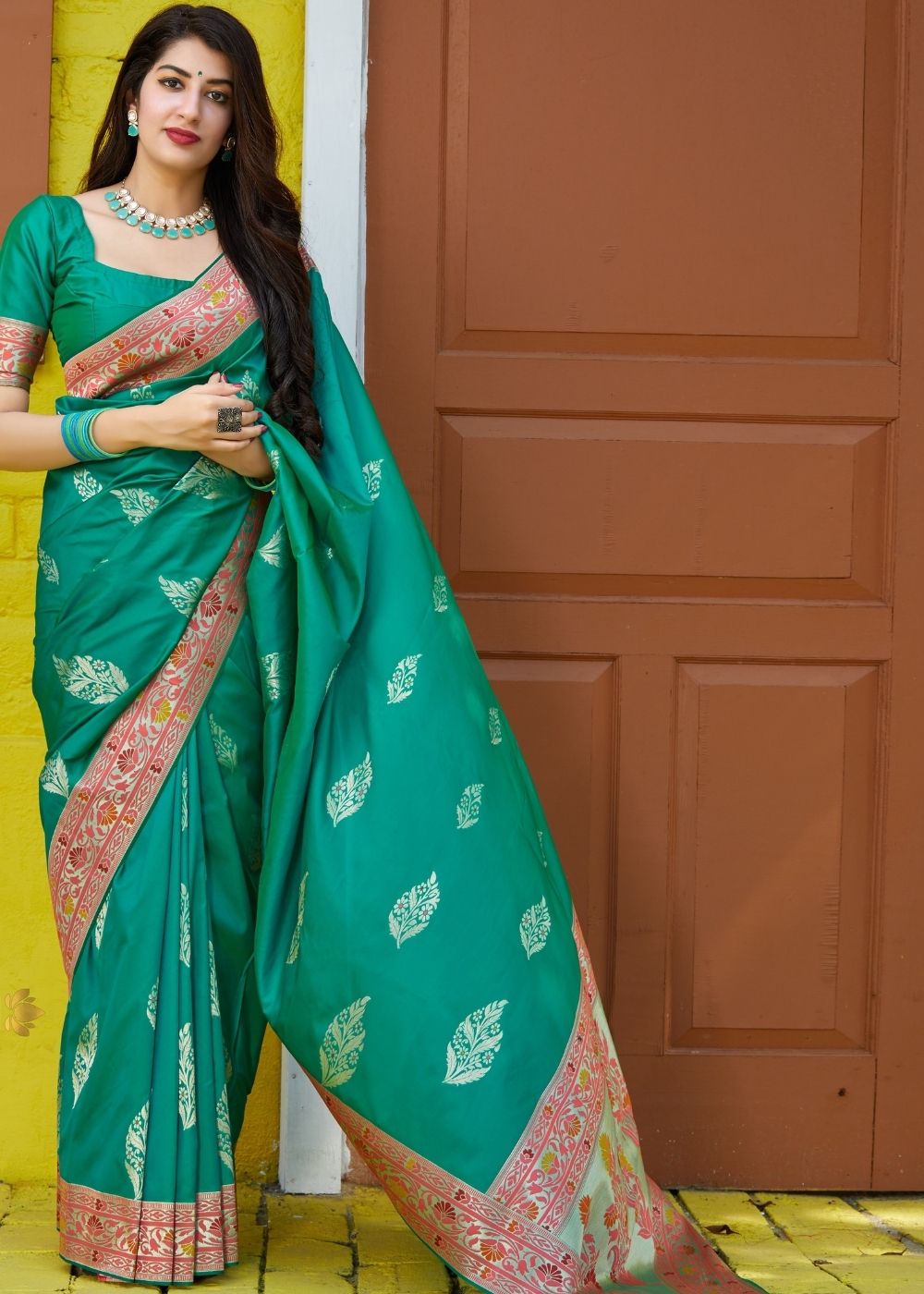 Teal Green Silk Saree with Floral Zari Border and Silver Buti ...