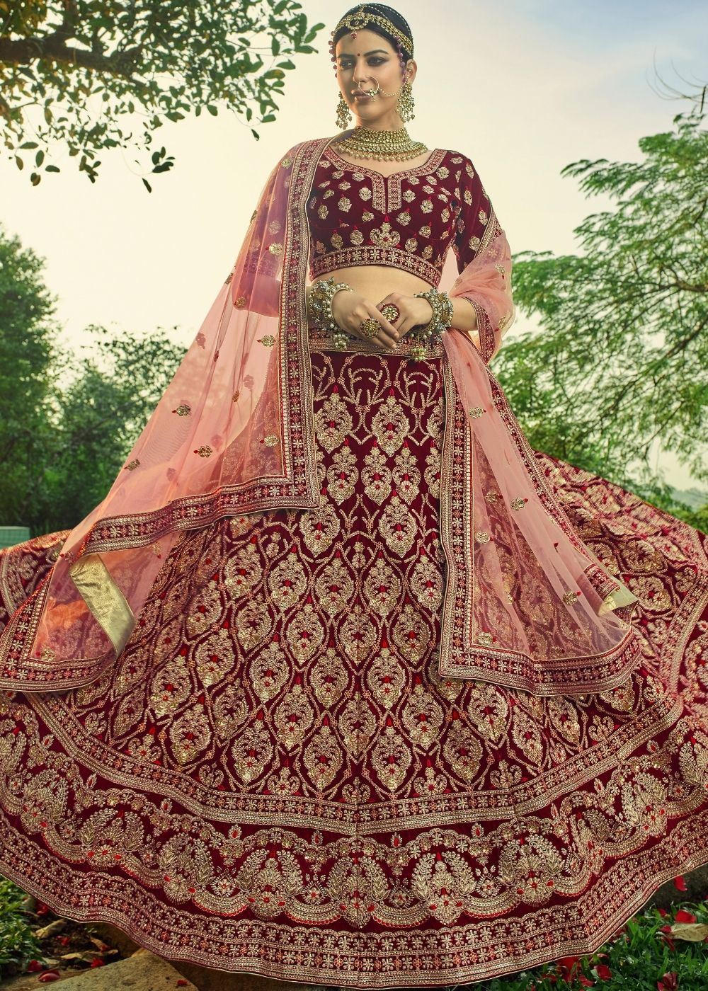 Mahogany Red Bridal Velvet Lehenga Choli with Embroidery & Hand ...