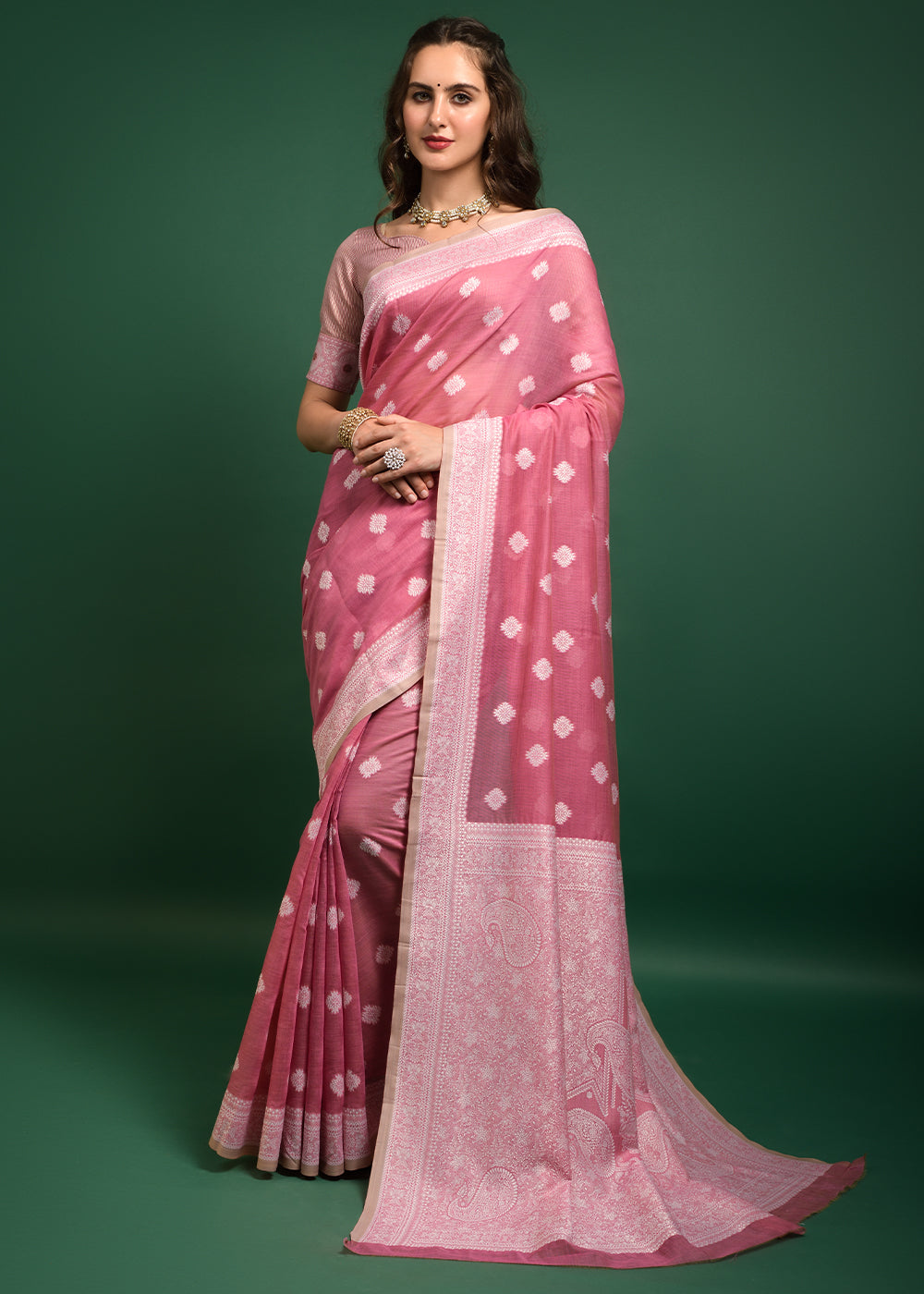 Peony Pink Chikankari Woven Chanderi Cotton Saree – Ethnos