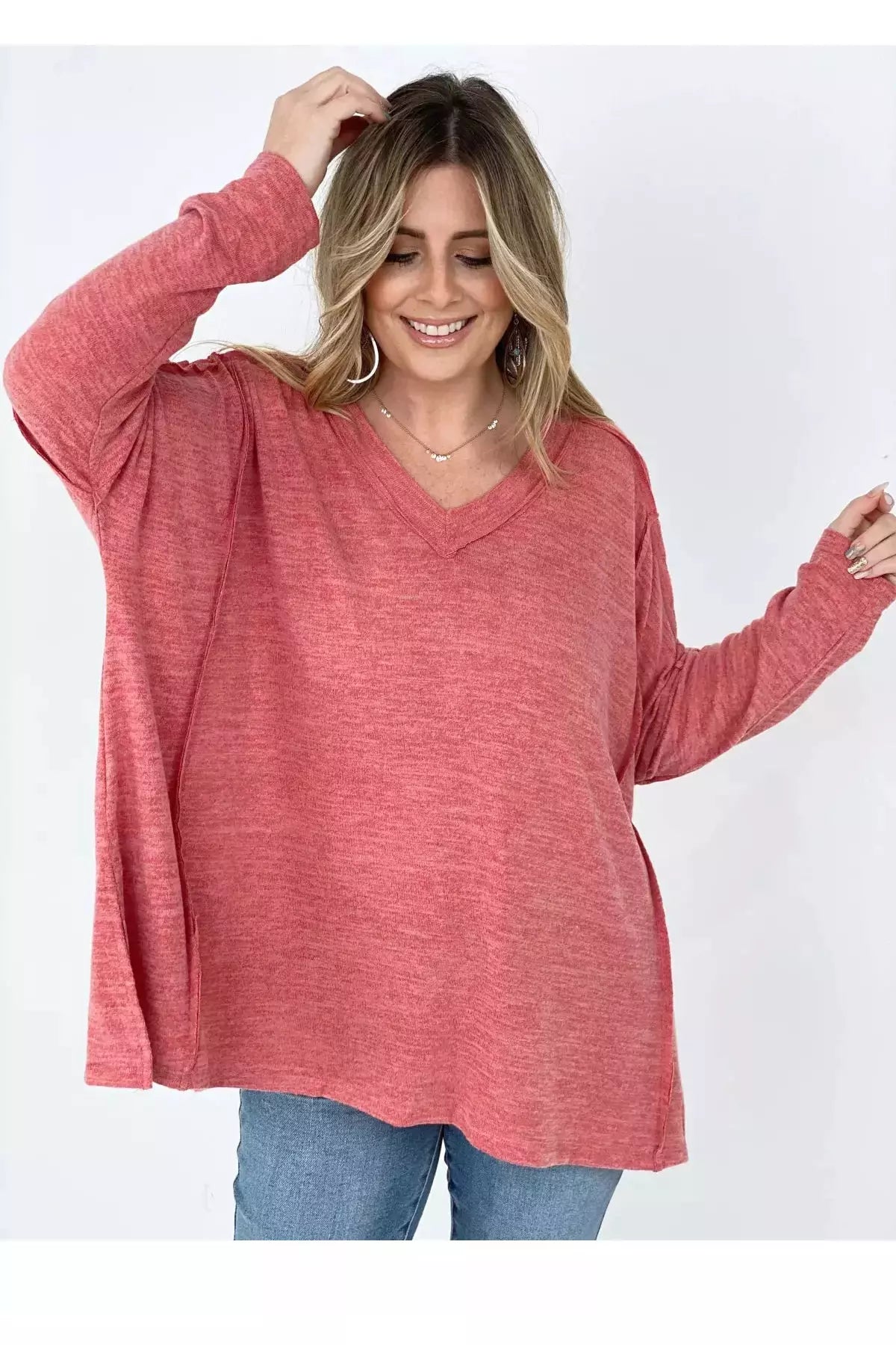 Easel "Easy Breezy V-Neck" Solid Long Sleeve Oversized Top