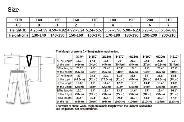 adidas taekwondo uniform size chart