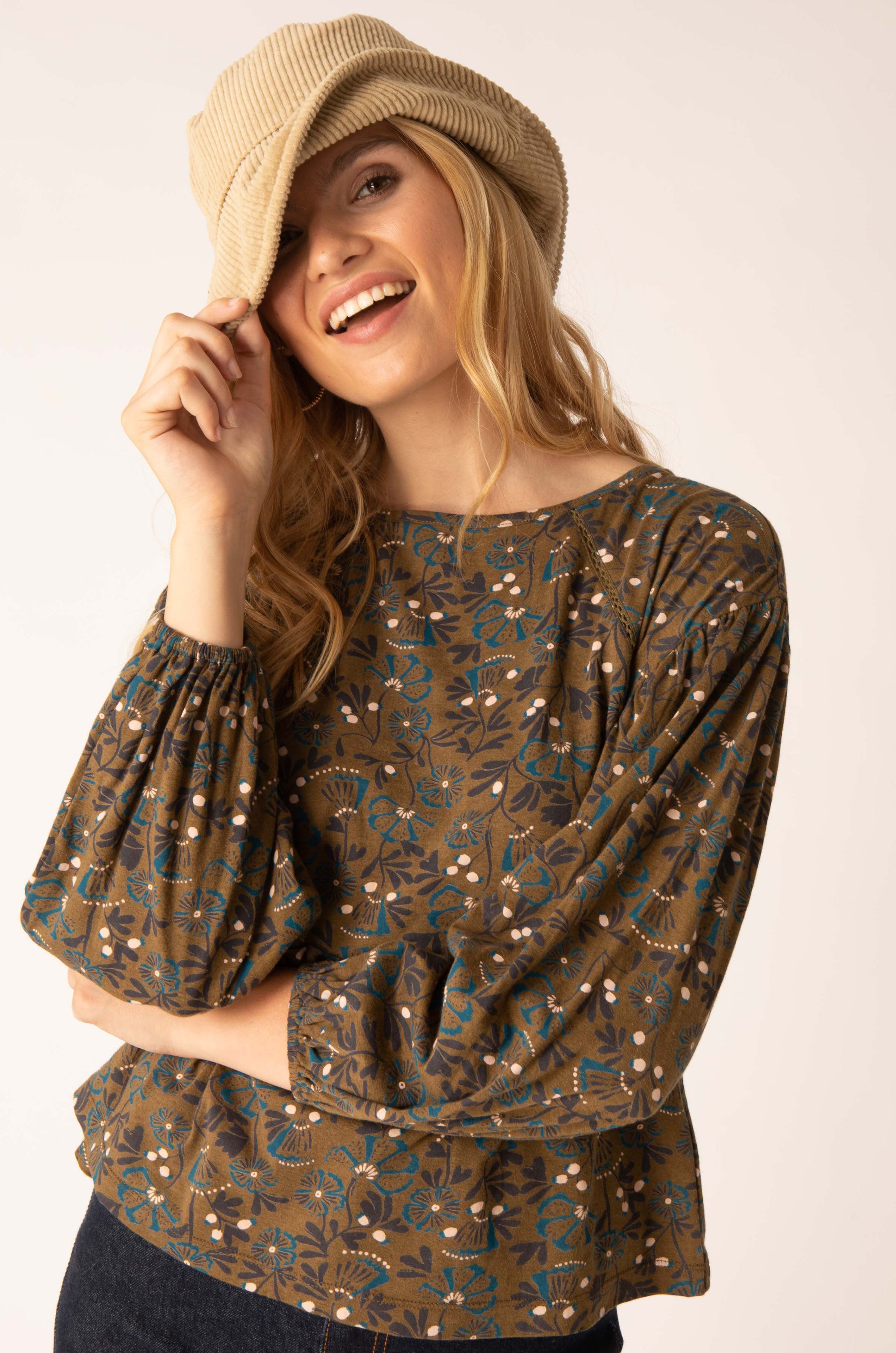 Hedgerow Floral Jersey Top, Green Multi / 10