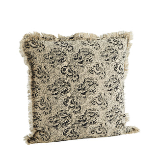 Madam Stoltz pudebetræk beige med mønster og frynser 50x50 cm