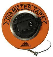 Fibreglass measuring tape. Tape is orange in colour, and has a hook at the end.