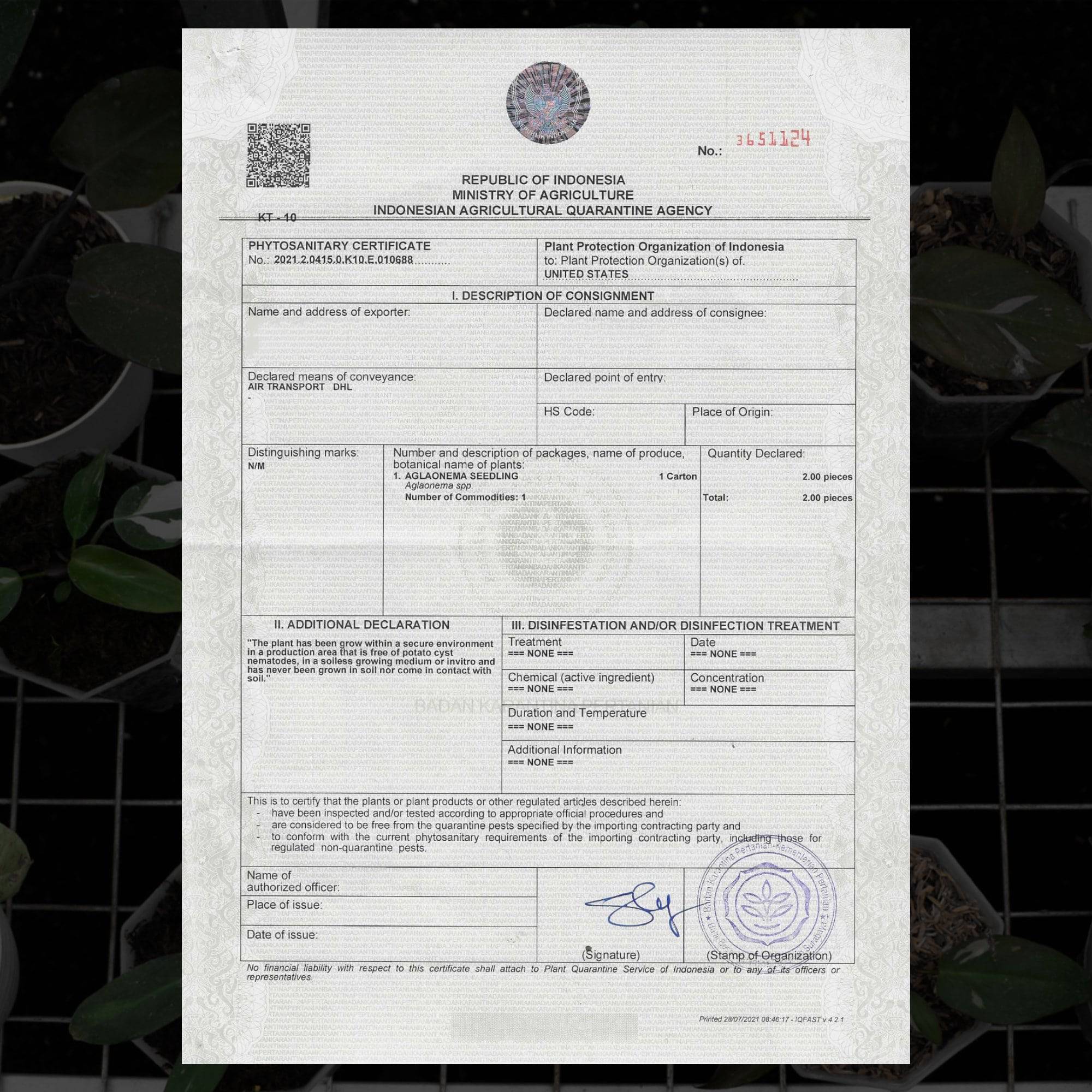 PHYTOSANITARY CERTIFICATES  TROPICAL PLANT SHOP