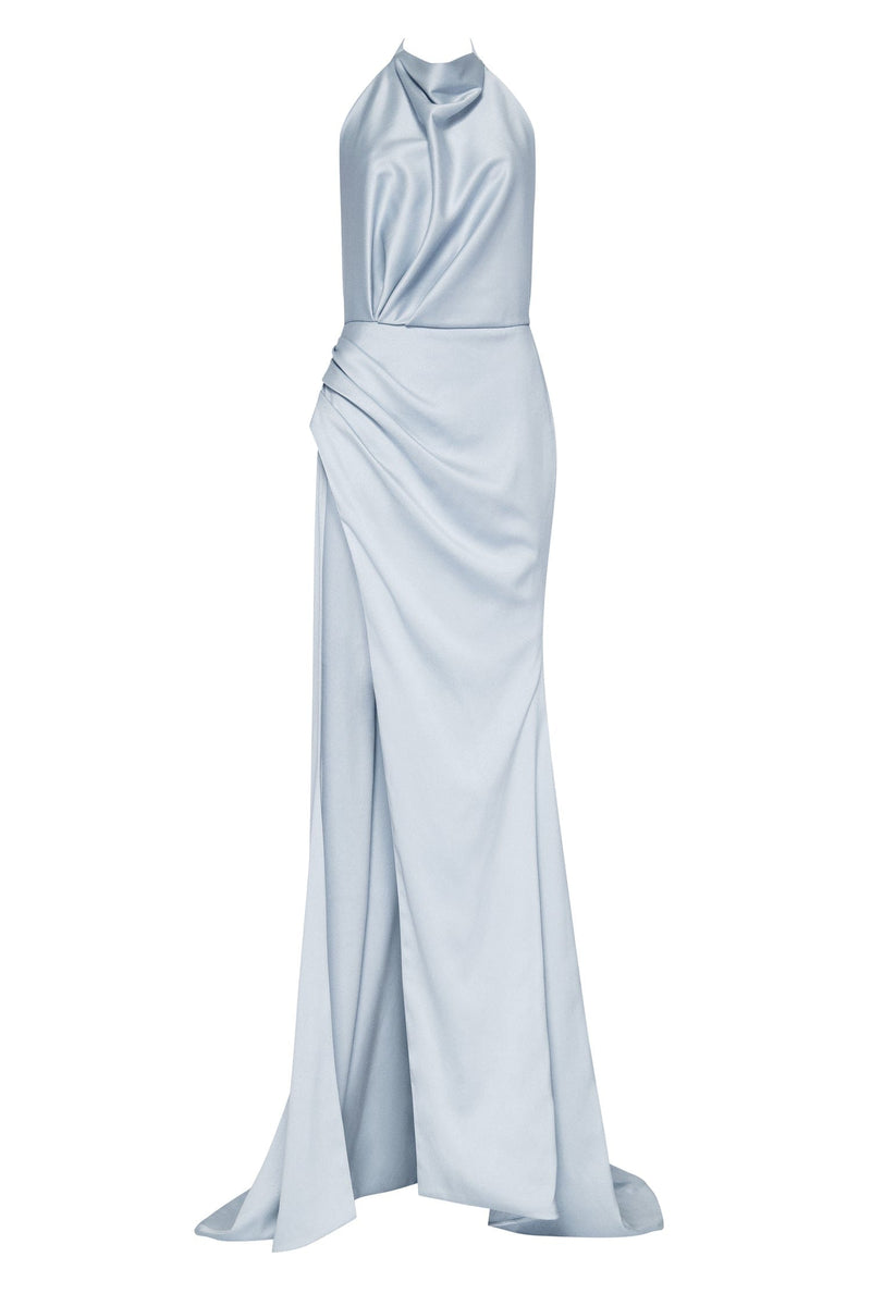 Light Blue Mock neck sleeveless high slit dress