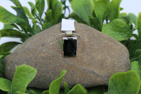 Stg Silver Heavy Mens Ring with Onyx and Fern