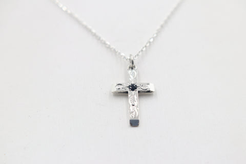 Stg Silver Engraved Cross with saphhire