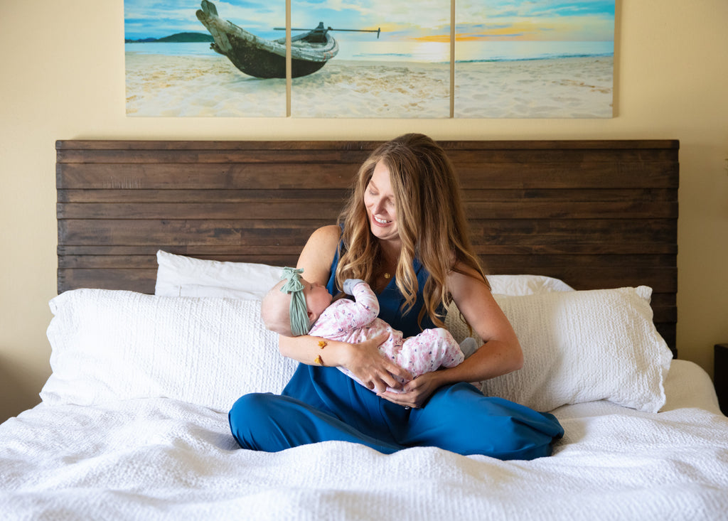 Kim Nursing Her Daughter Wearing Katie Dress in Peacock Blue