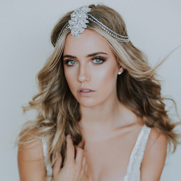 Venine Palm wearing our Allegra headpiece