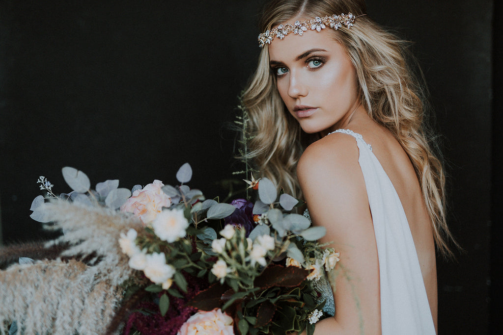 Stunning wedding bouquet by Perth Florist, Rose and Bud - featuring the Tiivel headjewellery by Kezani Jewellery and gown by Galia Lahav
