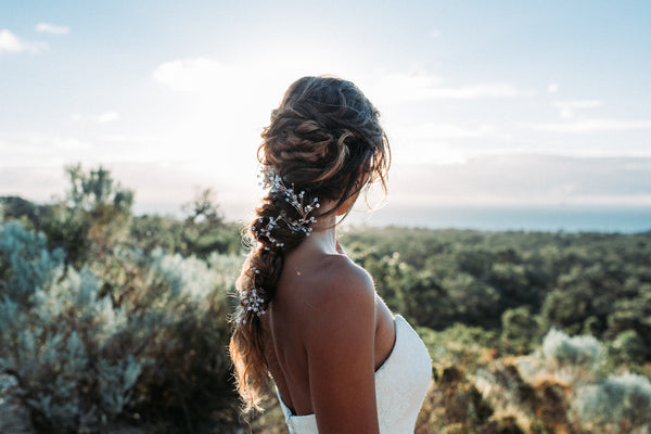 messy wedding plait and Wild Ivy crystal hairvine