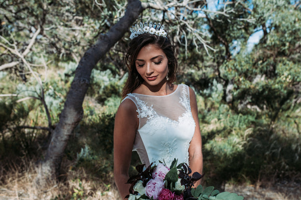 The Venine flower crown featured with Samantha Wynne wedding gown