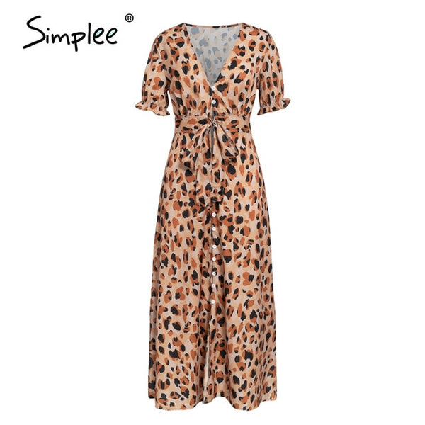 Simplee Leopard print women dress Sexy sleeveless ruffled high waist summer dress V-neck buttons beach wear holiday dress 2020