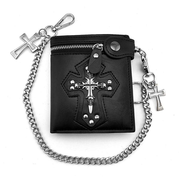 Men's Gothic Cross Clasp Leather Wallet with Antique Biker Chain