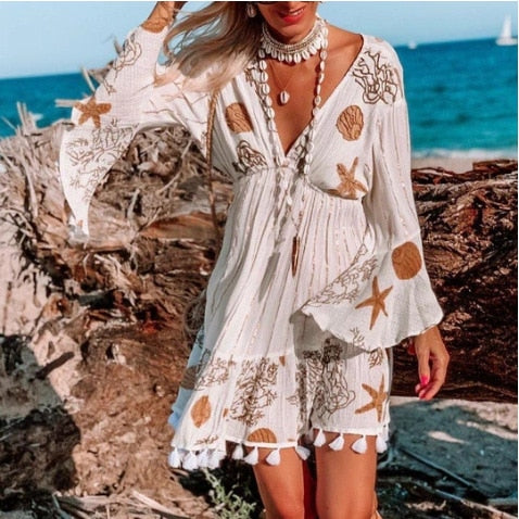 Women starfish flower print long sleeve v-neck beach Bohemian dress tassel