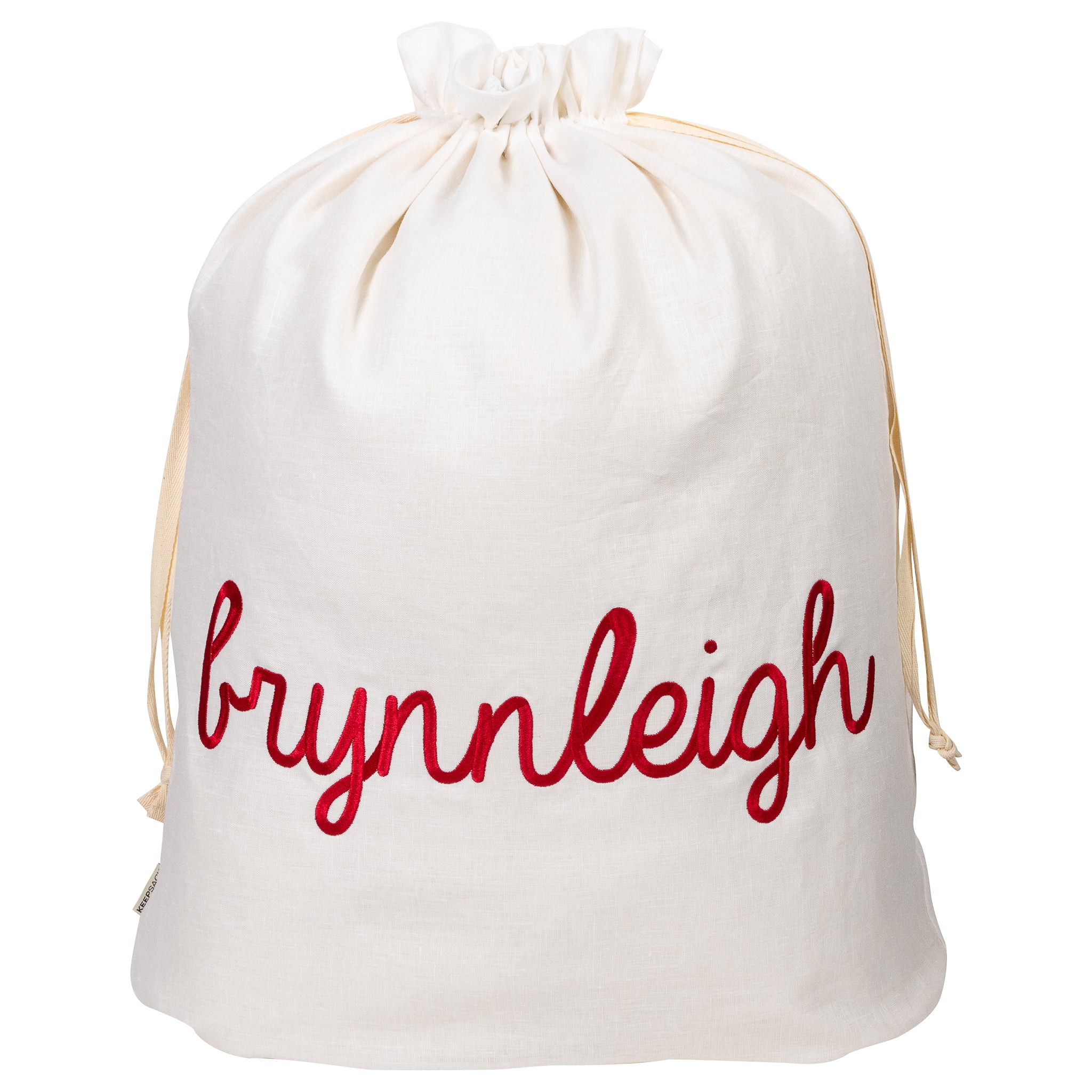 white drawstring Santa Sack personalized with name as alternative to gift wrap
