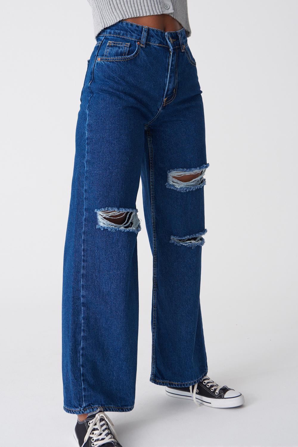 Dark Blue Ripped Wide-leg jeans