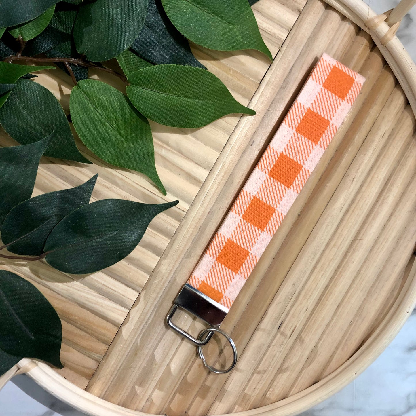 Orange Check Print Fabric Keychain, Key Fob