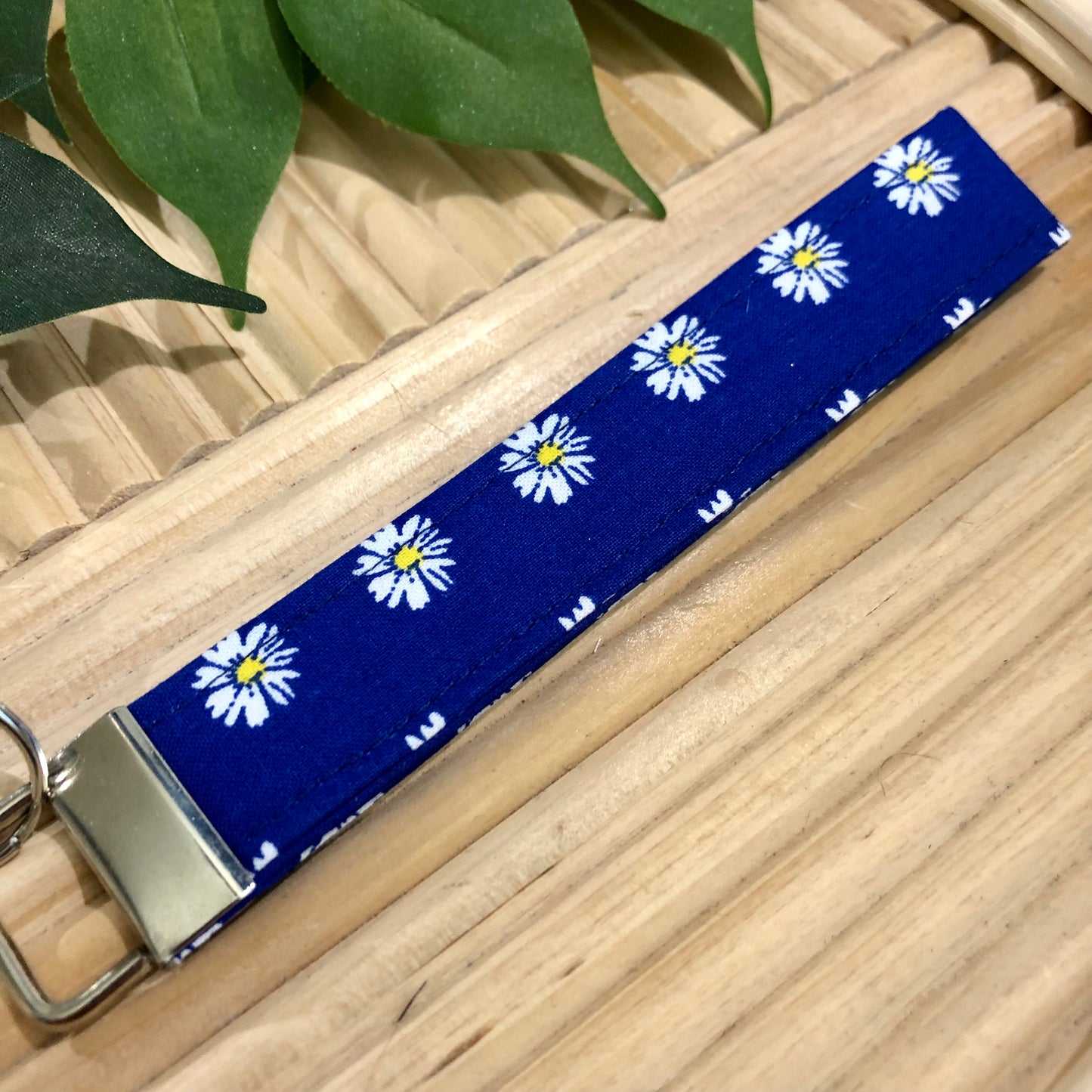 Cobalt Daisy Print Fabric Keychain, Key Fob