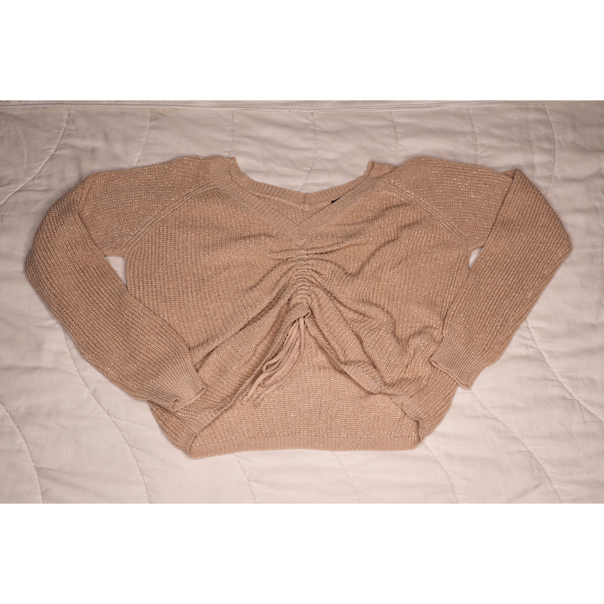 Pink Sparkle Knit Drawstring Ruched Sweater