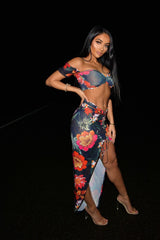 Obsession Black Floral Cropped Top Rauched Skirt Two Piece Co Ord Set