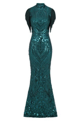 Magic Vip Green Luxe Tassel Fringe Sequin Embellished Illusion Maxi Dress