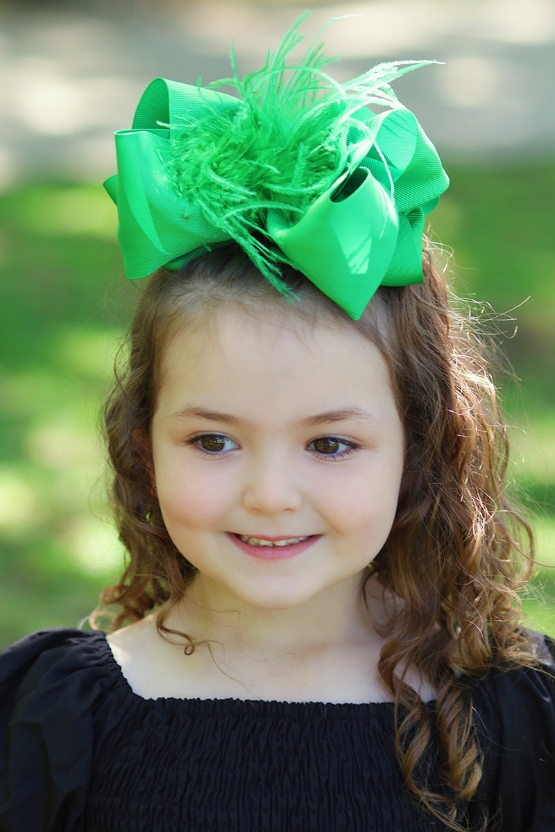 Green Feather Hair Bow 5" 