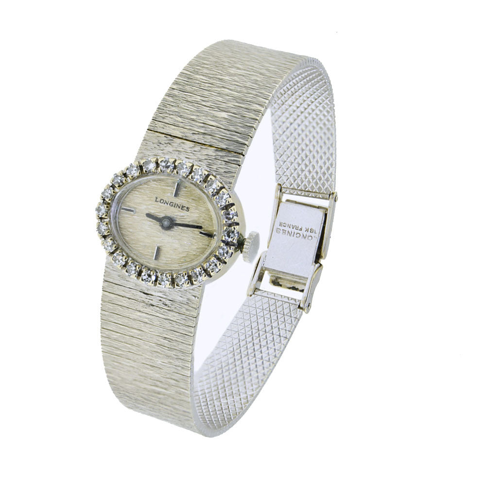 ... â€º Longines Elegant Ladies 18k White Gold with Diamond Bezel Watch