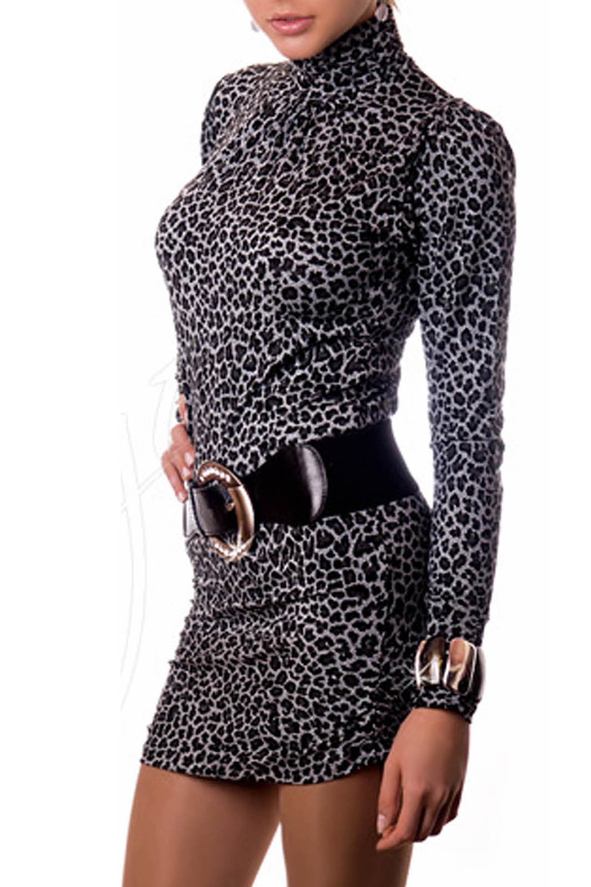 Women's Sexy Long Sleeved Tunic Top Polo Neck Turtle Neck Animal Print