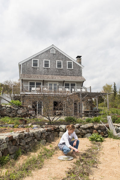 Annemarie Ahearn harvests asparagus in the Salt Water Farm garden