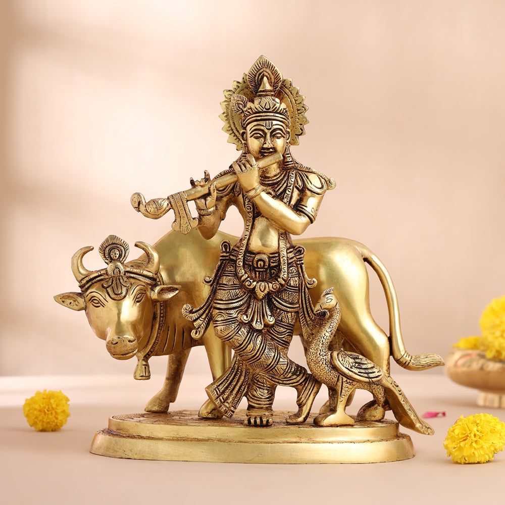 Brass Krishna With Cow Statue (9.5 Inch) – Vedansh Craft
