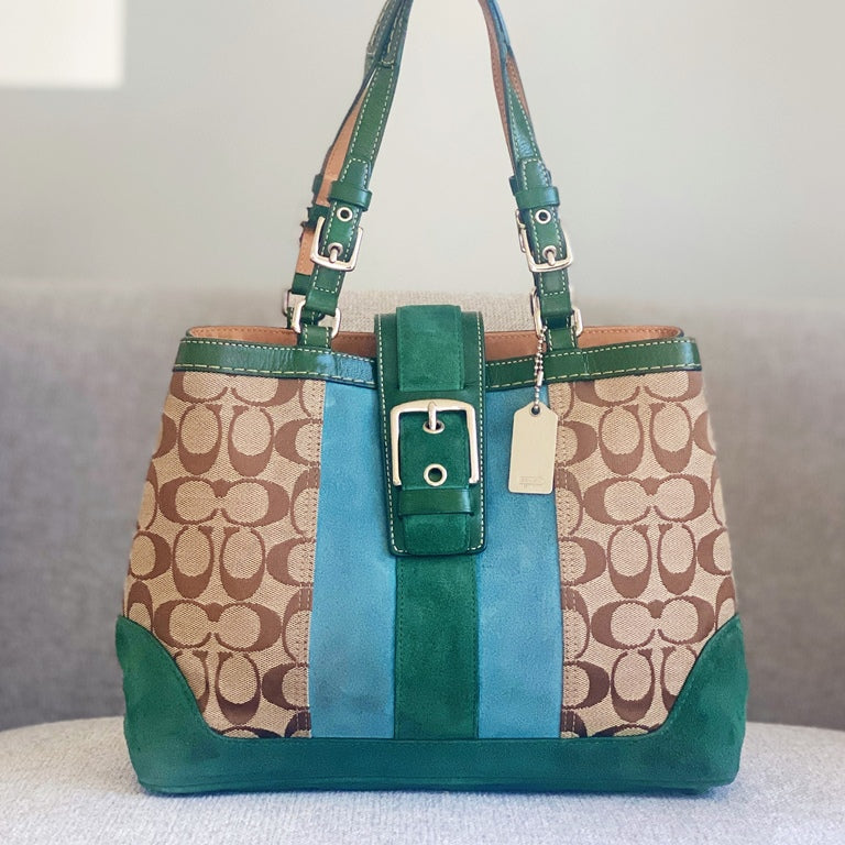 green suede coach purse