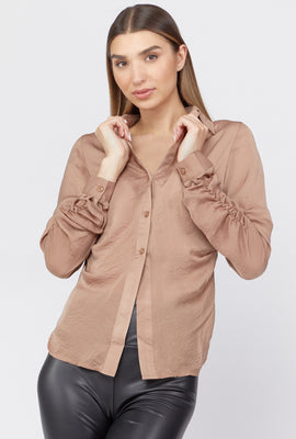 Link to Satin Ruched Button-Front Shirt Taupe