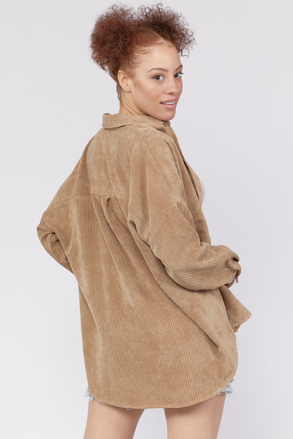 Corduroy Button-Front Shirt Camel