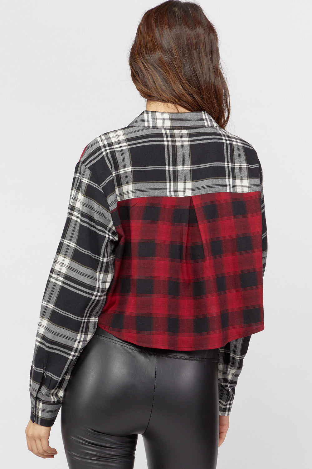 Colorblock Flannel Cropped Shirt Red