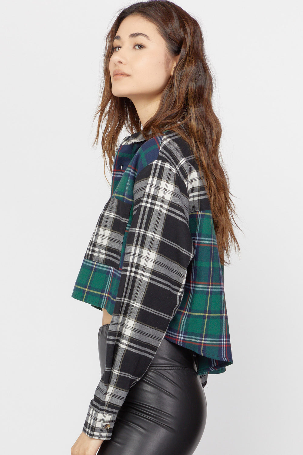 Colorblock Flannel Cropped Shirt Jade