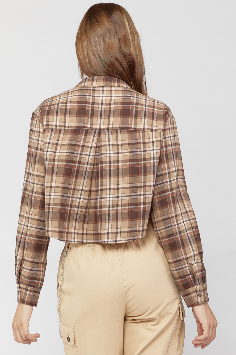Plaid Flannel Cropped Shirt Brown