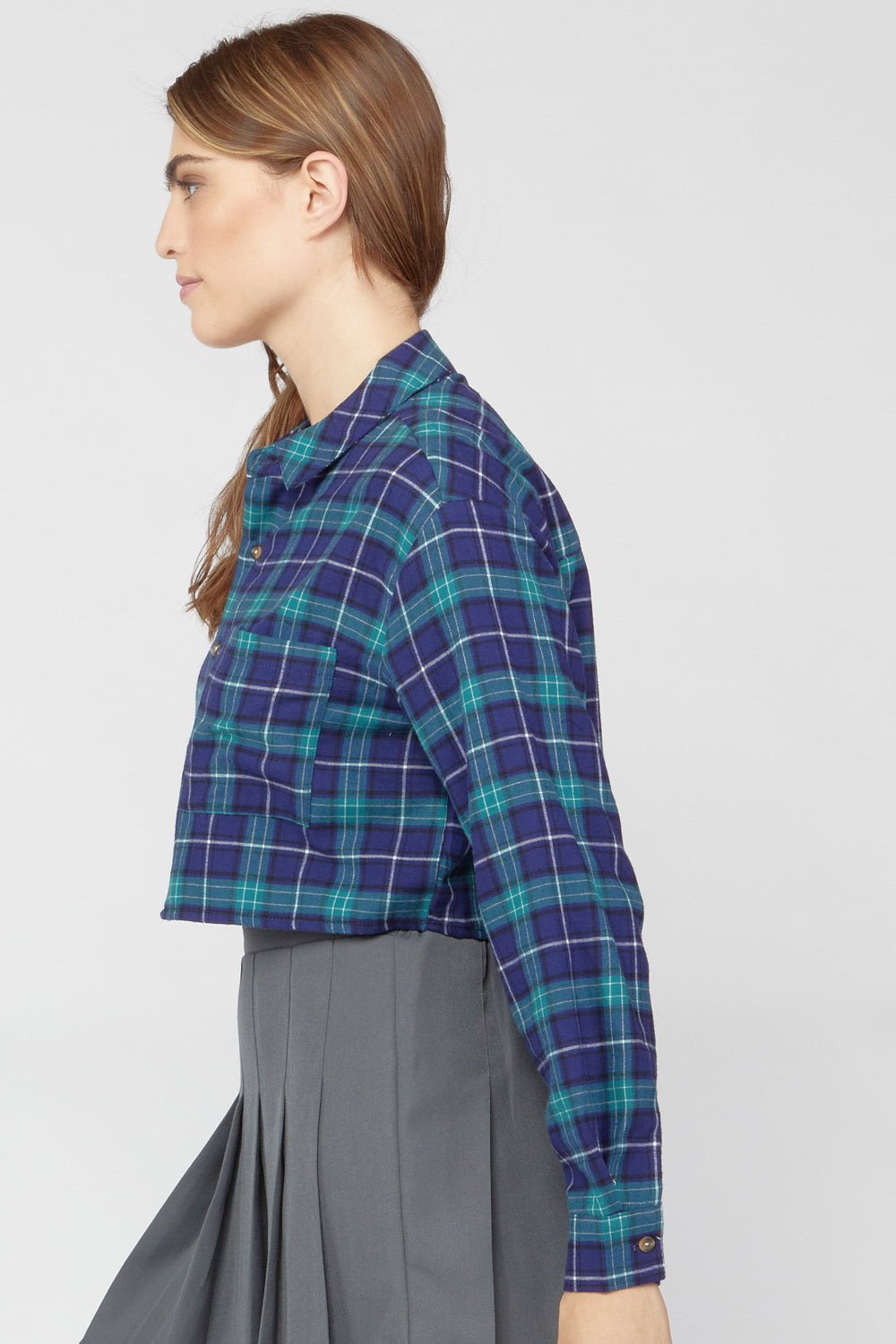 Plaid Flannel Cropped Shirt Navy