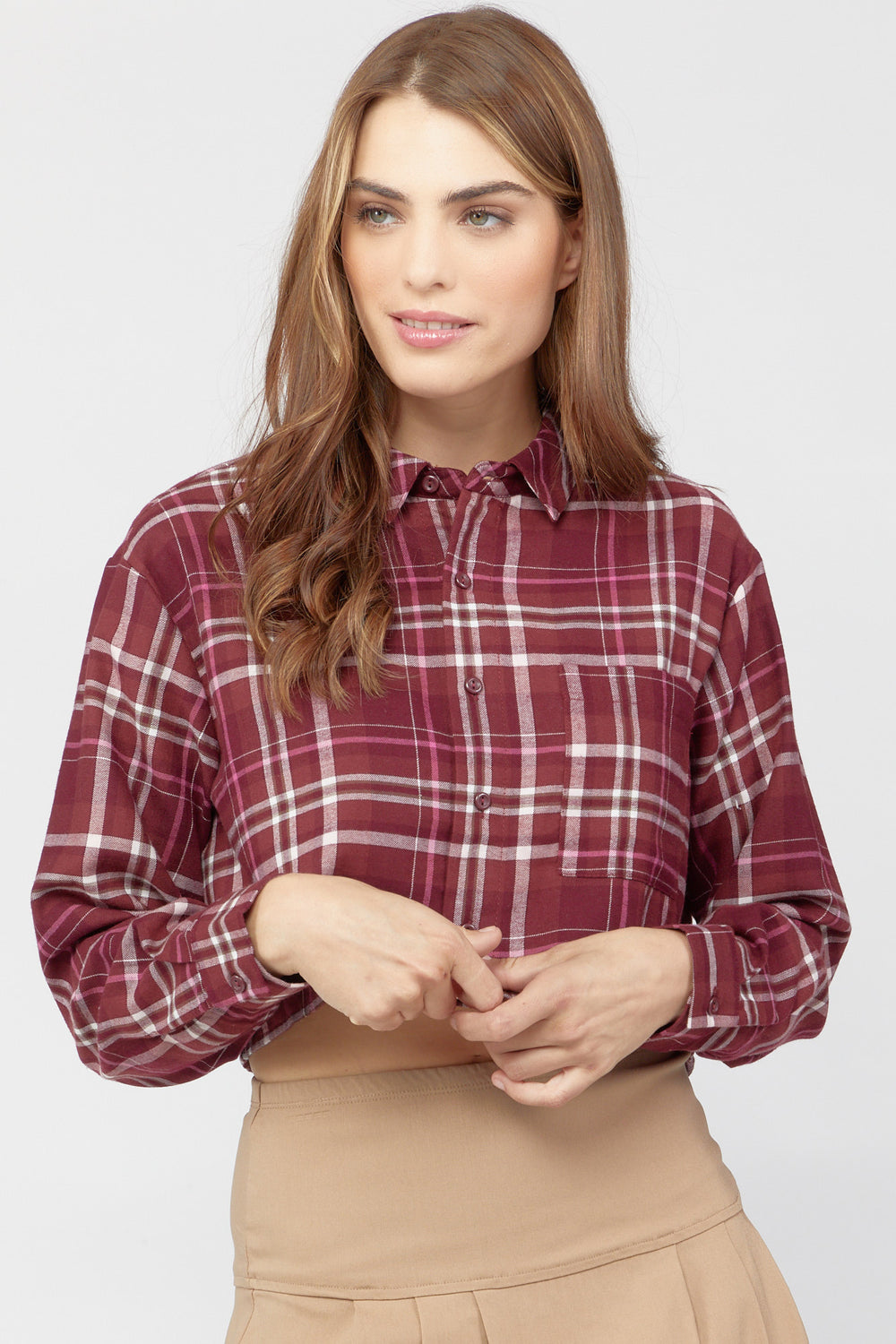Plaid Flannel Cropped Shirt Burgundy
