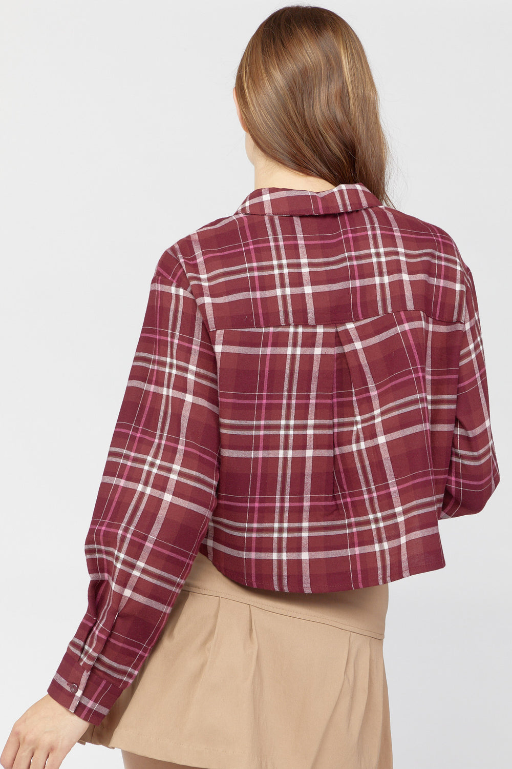 Plaid Flannel Cropped Shirt Burgundy