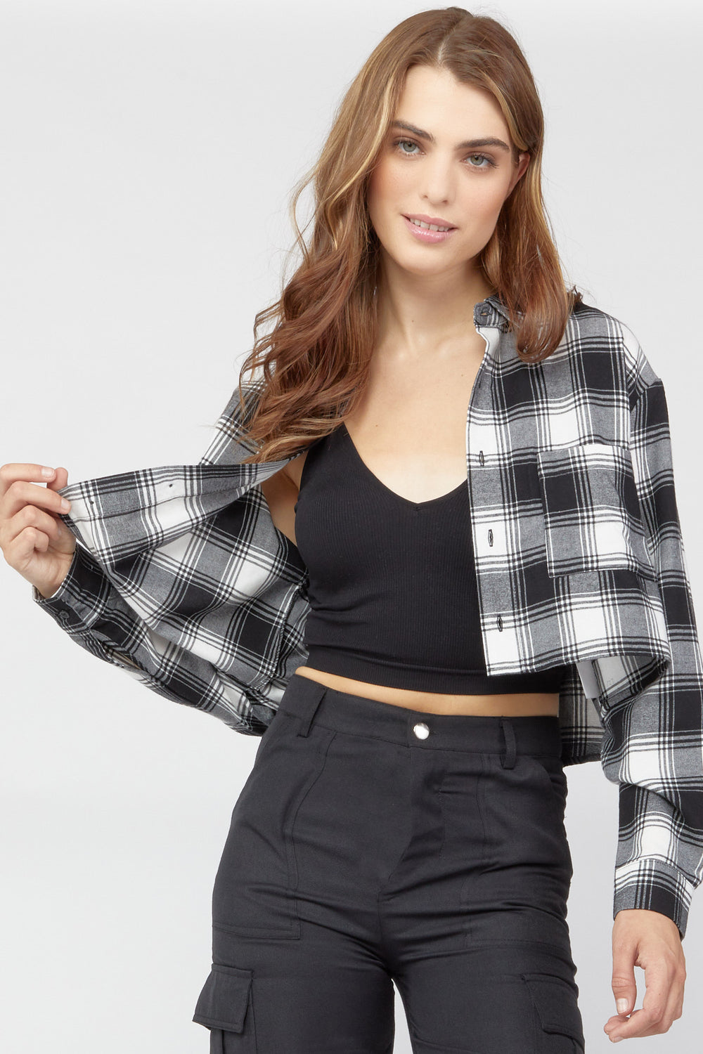 Plaid Flannel Cropped Shirt Black with White