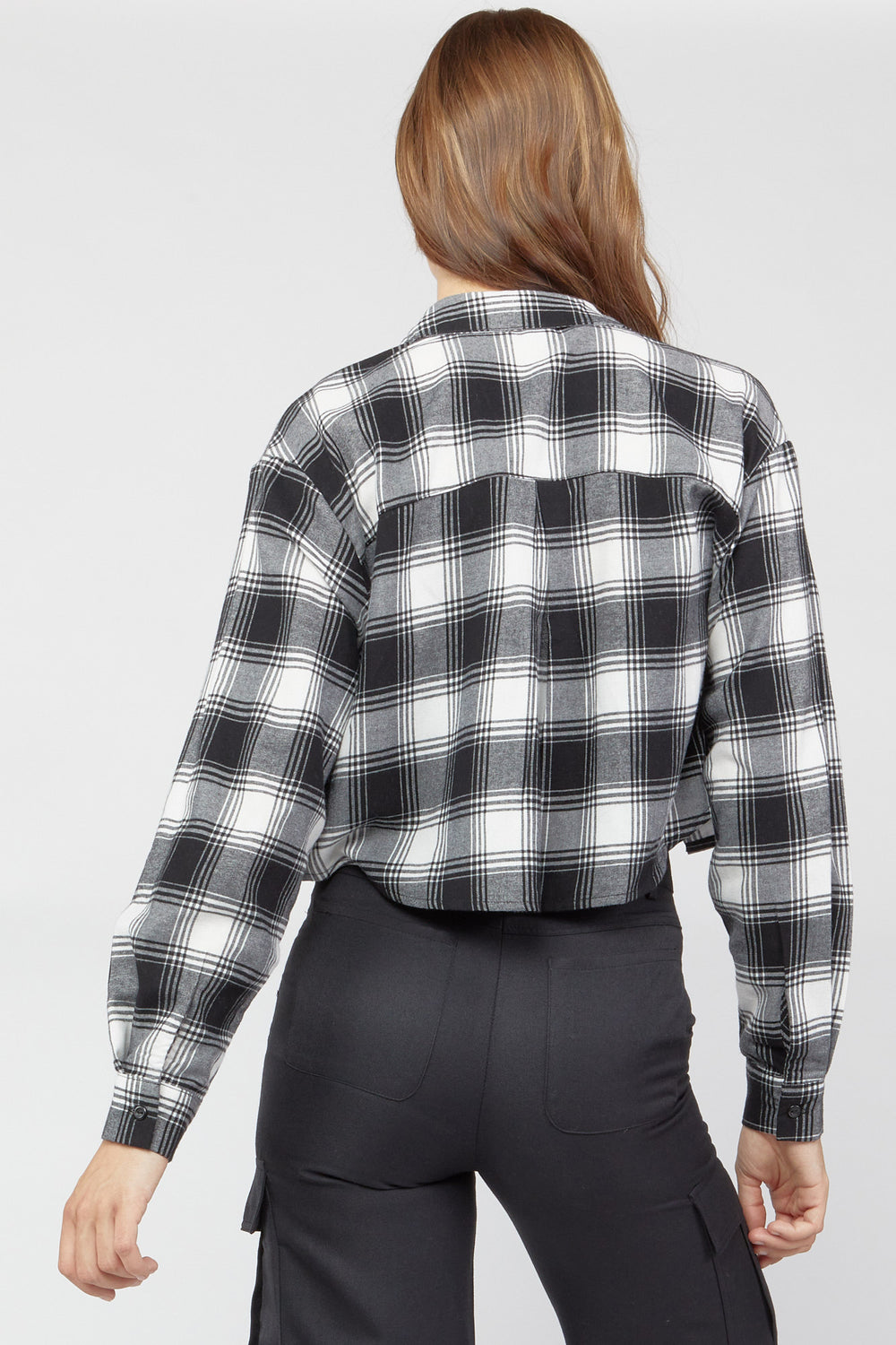 Plaid Flannel Cropped Shirt Black with White