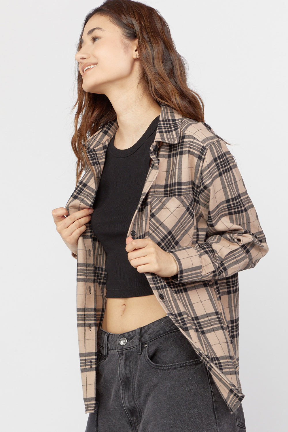 Plaid Flannel Oversized Shirt Brown