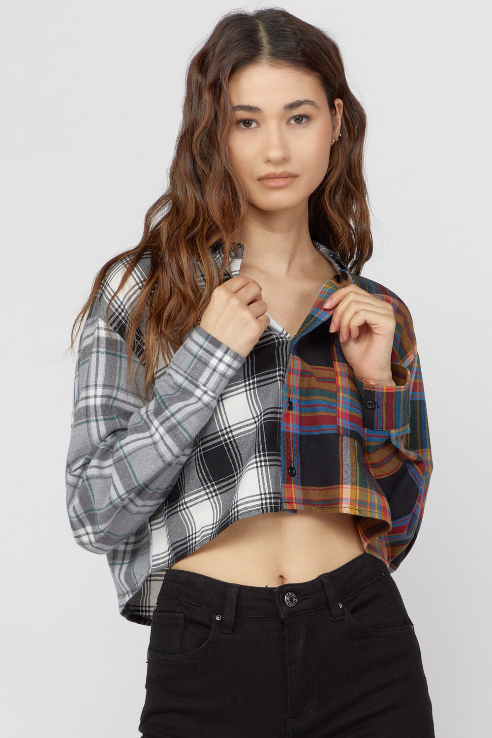 Contrast Flannel Cropped Shirt Heather Grey