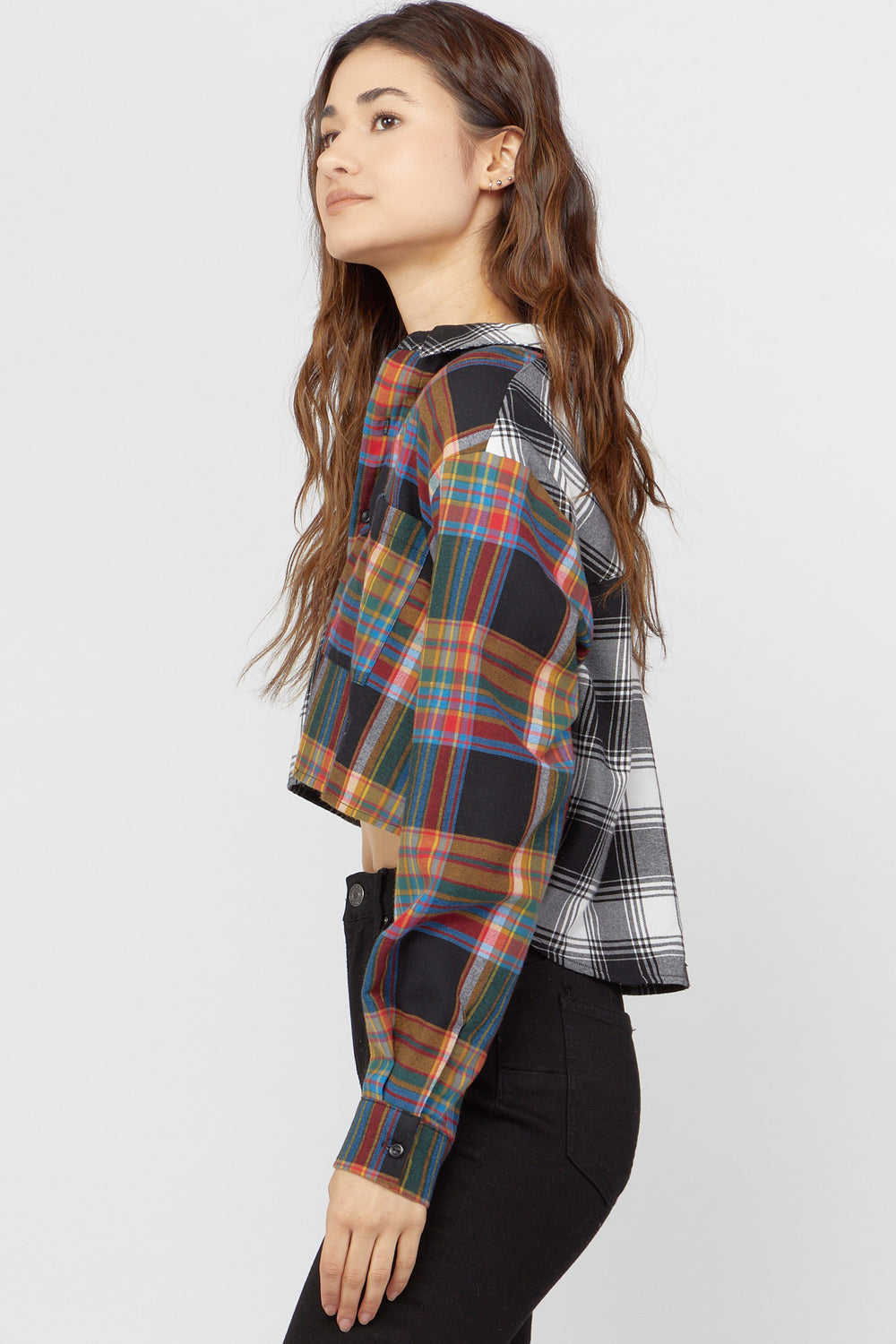 Contrast Flannel Cropped Shirt Heather Grey