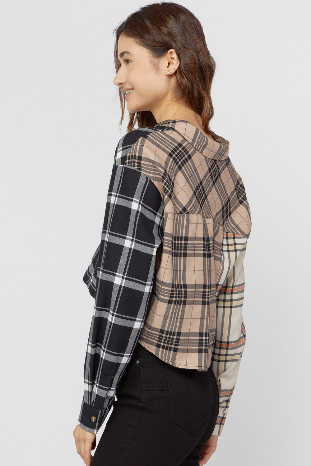 Contrast Flannel Cropped Shirt Taupe