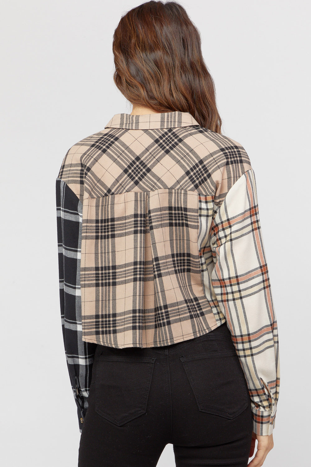 Contrast Flannel Cropped Shirt Taupe