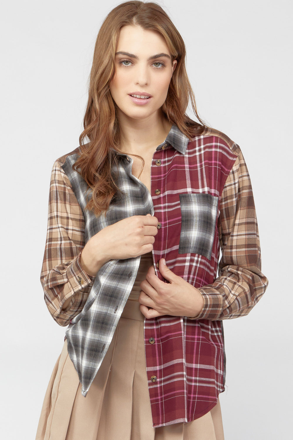 Colorblock Plaid Flannel Shirt Taupe